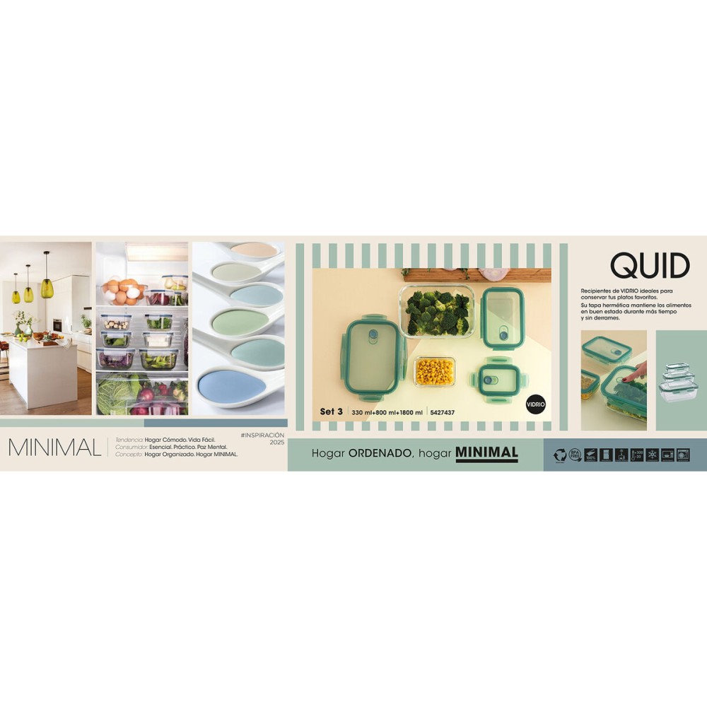 Lunchbox-Set Quid Minimal grün Glas 330 ml 800 ml 1,8 L 3 Stücke