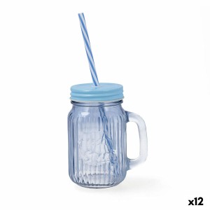 Carafe avec Couvercle et Paille Quid Maison Bleu verre 450 ml (12 Unités)