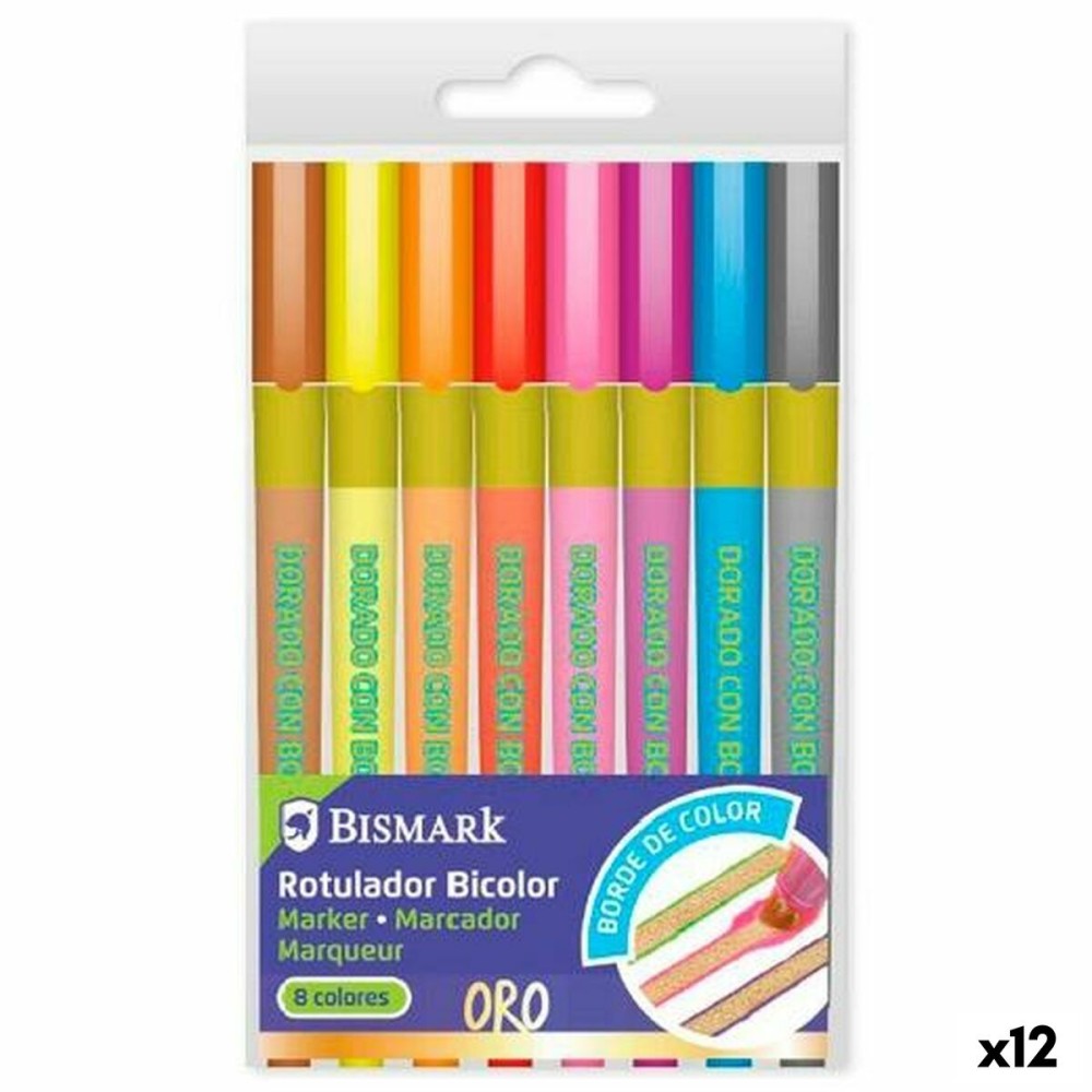 Set of Felt Tip Pens Bismark Lettering Bicolor Multicolour Golden 8 Pieces (12 Units)