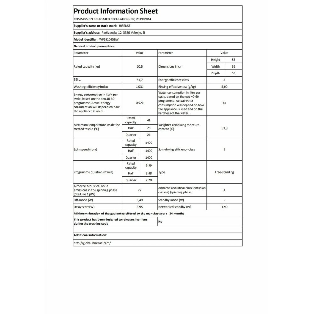 Washing machine Hisense WF5S1045BW 59,5 cm 1400 rpm 10,5 kg