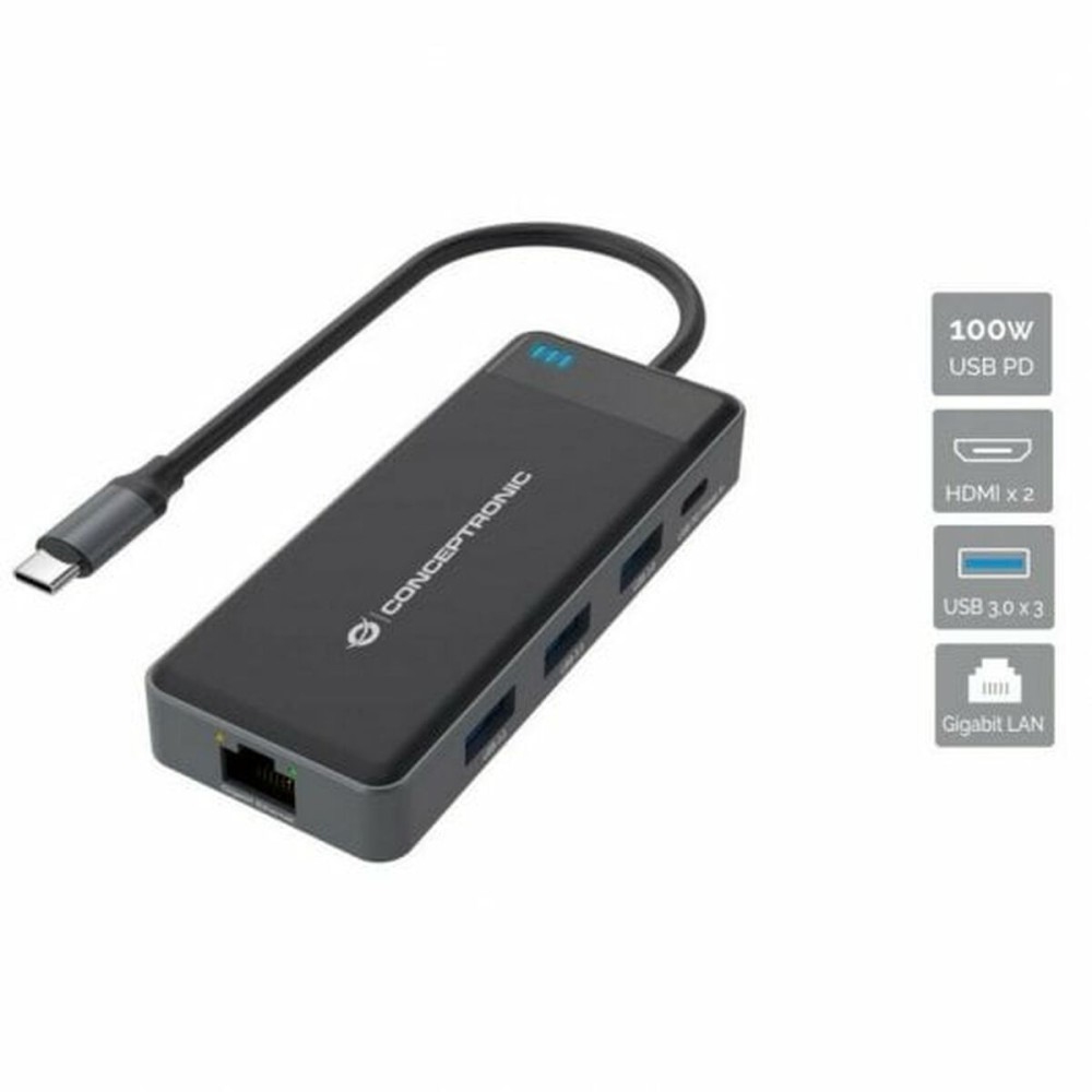 7-Port USB-C Hub Conceptronic 110518107101 Schwarz Grau 100 W (1 Stück)