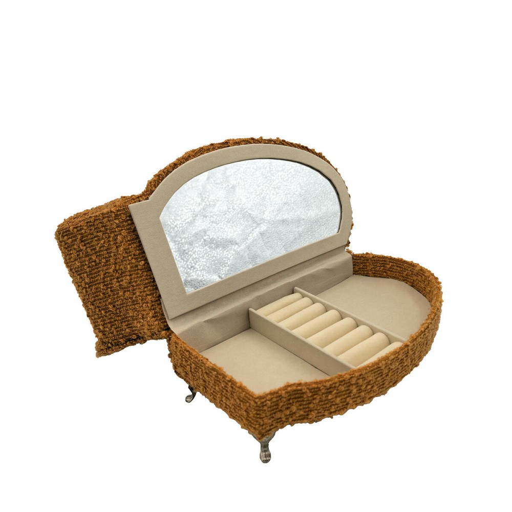 Boîte à bijoux Versa Moutarde Polyester Métal Miroir Bois MDF 12,5 X 17 X 26,5 CM Canapé