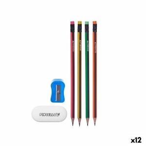 Pencil Set Pincello 476 476 Yellow Red Green Pink Pencil Sharpener Eraser (12 Units)