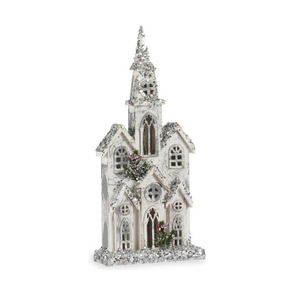 Figurine Décorative Krist+ YF19-65 YF19-65 Blanc Gris Paillettes Maison Noël 25,5 x 56,5 x 9,5 cm Lumière LED