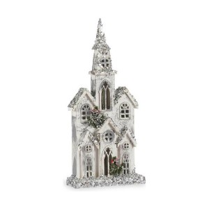 Figurine Décorative Krist+ YF19-65 YF19-65 Blanc Gris Paillettes Maison Noël 25,5 x 56,5 x 9,5 cm Lumière LED