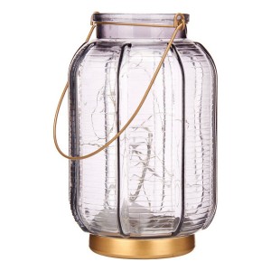 LED-Laterne Gift Decor L1422MSH-S L1422MSH-S Grau Gold Glas Streifen 14 x 22 x 14 cm 13,5 x 22 x 13,5 cm
