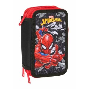 Dreifaches Federmäppchen Spider-Man Schwarz 12,5 x 19,5 x 5,5 cm 37 Stücke