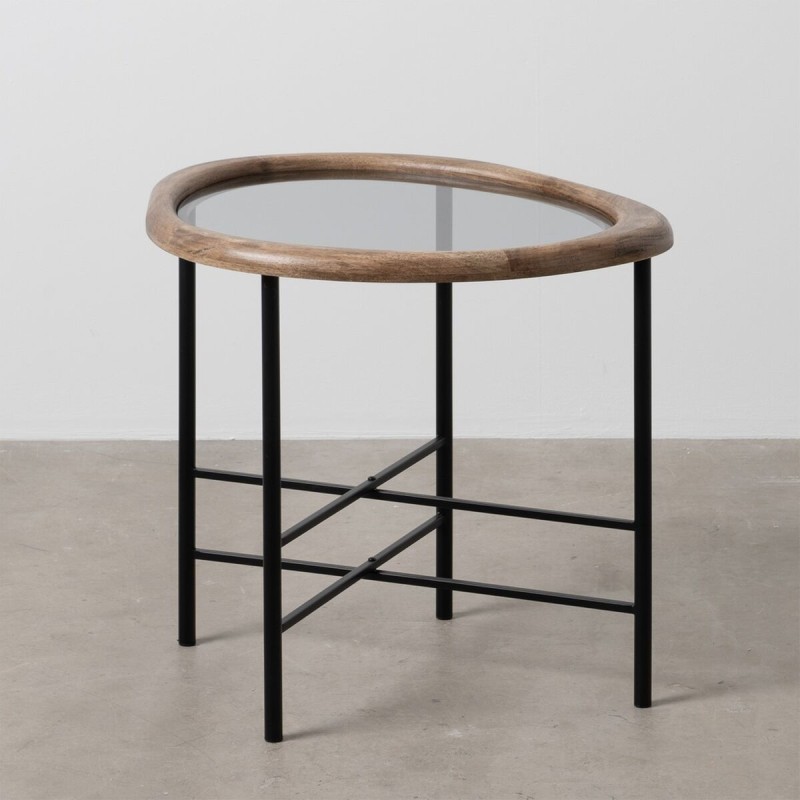 Table d'appoint Noir Naturel Verre Fer Bois d'hévéa 61 x 50 x 53 cm