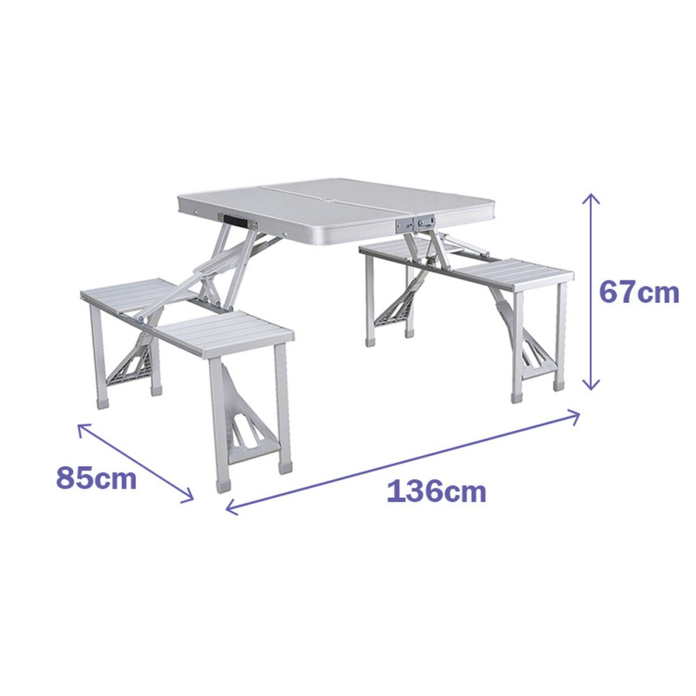 Ensemble Marbueno: Table et 4 Sièges avec Trou pour Parasol Pliable Aluminium Gris Camping Plage 136X85X67 cm 10439