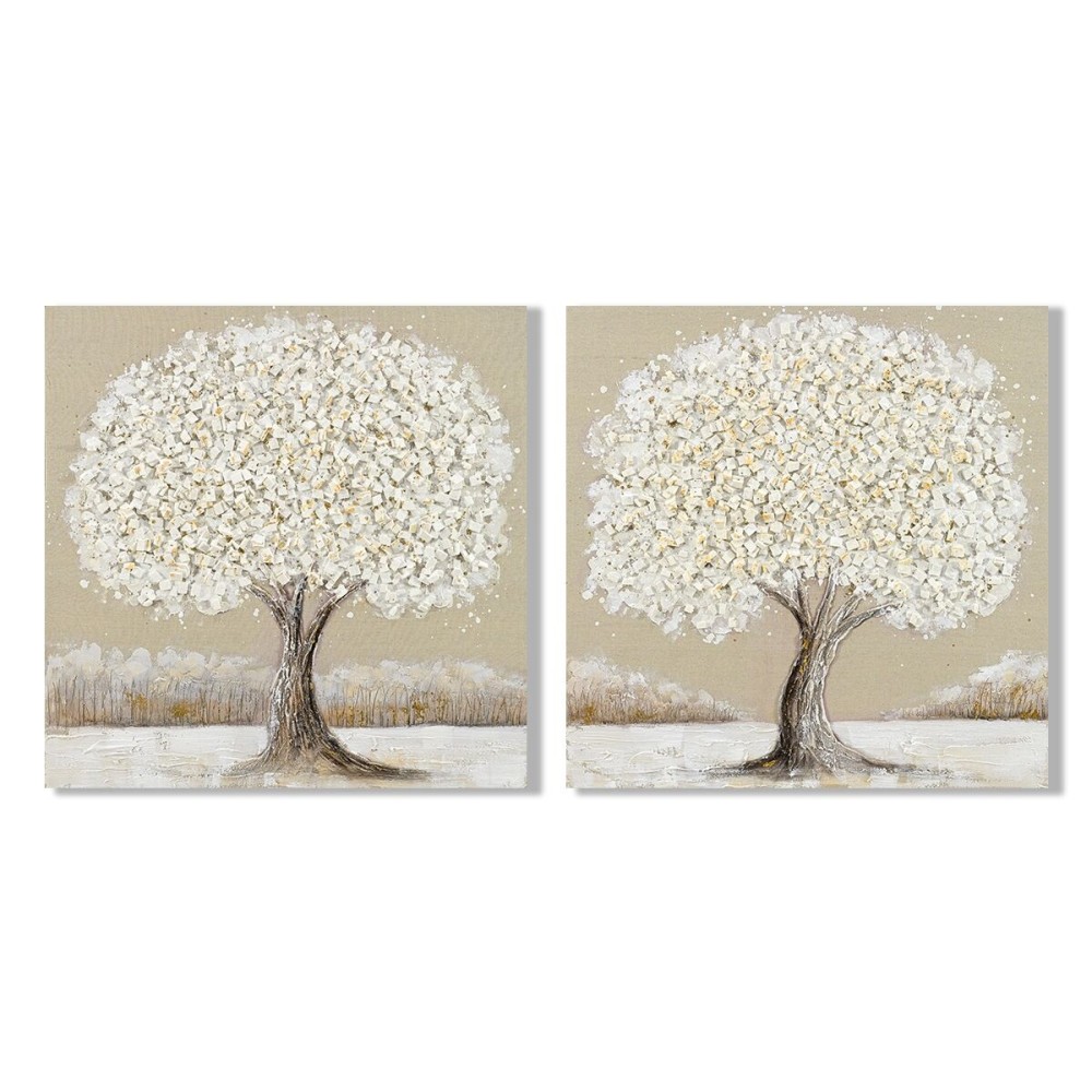 Toile Home ESPRIT Blanc Beige Arbre Traditionnel 100 x 3 x 100 cm 102 X 3 X 102 CM (2 Unités)