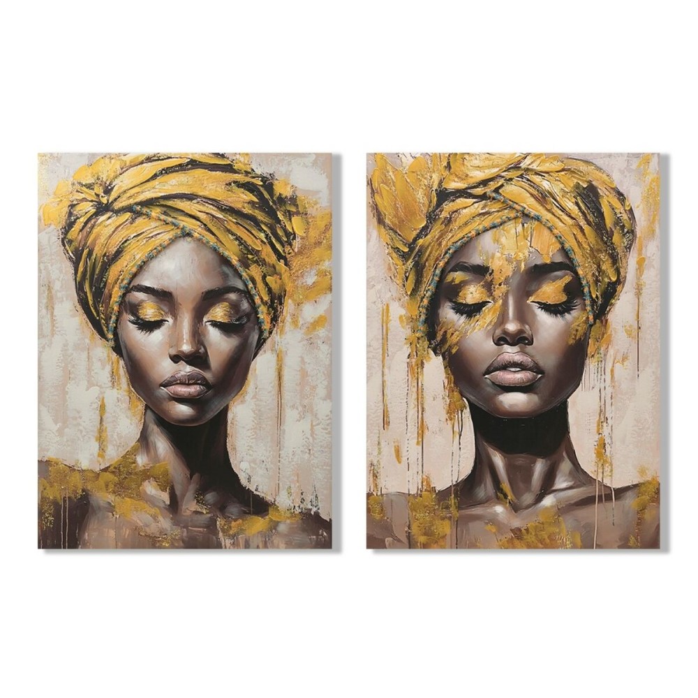 Canvas Home ESPRIT Brown Golden Colonial African Woman 90 x 3 x 120 cm (2 Units)