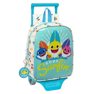 School Rucksack with Wheels Baby Shark Surfing Blue White 22 x 27 x 10 cm