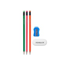 Pencil Set Pincello Blue Red Green Orange Pencil Sharpener Eraser (12 Units)