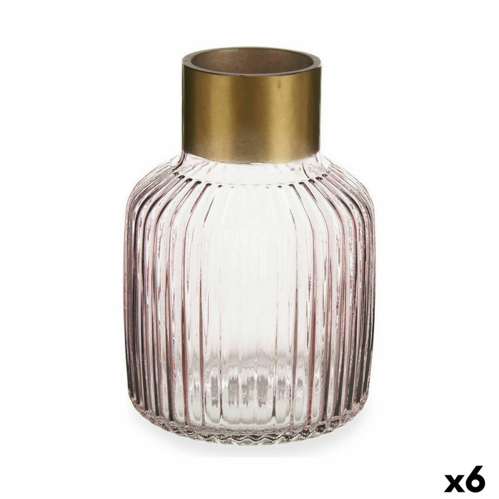Vase Gift Decor Rose Doré verre Rayures 14,5 x 22 x 14,5 cm (6 Unités)