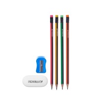 Pencil Set Pincello Yellow Red Green Pink Pencil Sharpener Eraser (12 Units)