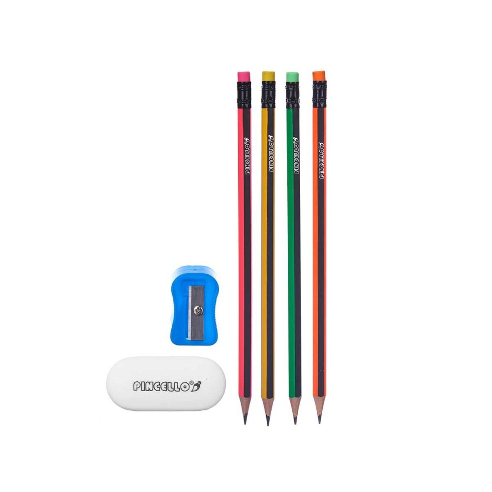 Pencil Set Pincello Yellow Red Green Pink Pencil Sharpener Eraser (12 Units)