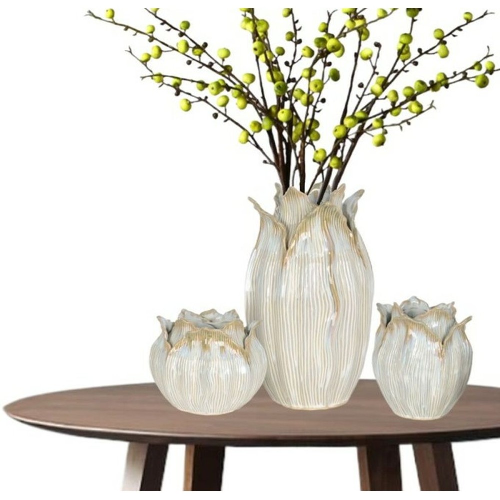 Vase Home ESPRIT Creme aus Keramik Pflanzenblatt 22 x 22 x 19 cm