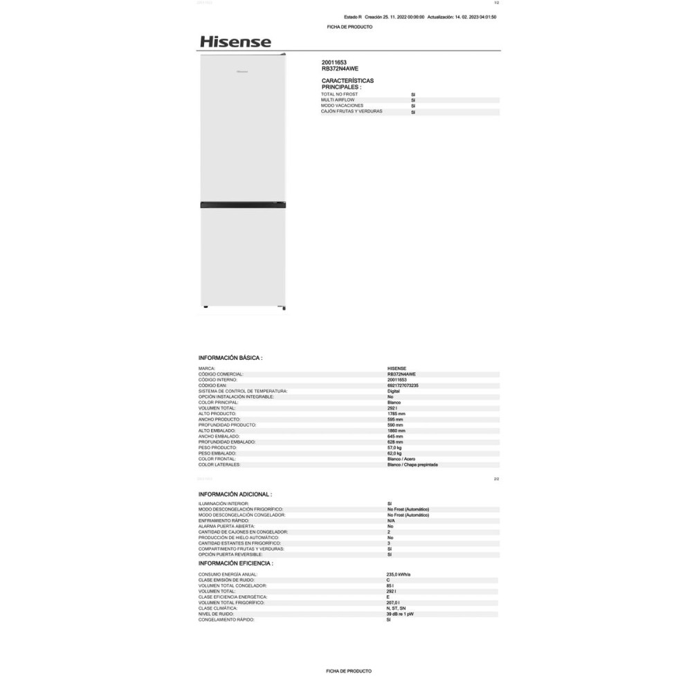 Combined Refrigerator Hisense RB372N4AWE 179 White