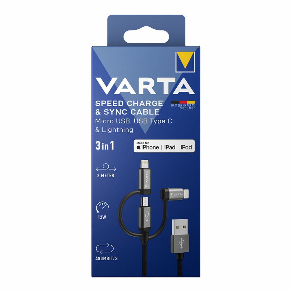 USB-Kabel Varta 2 m Schwarz 3 in 1 USB-C Mikro USB Lightning