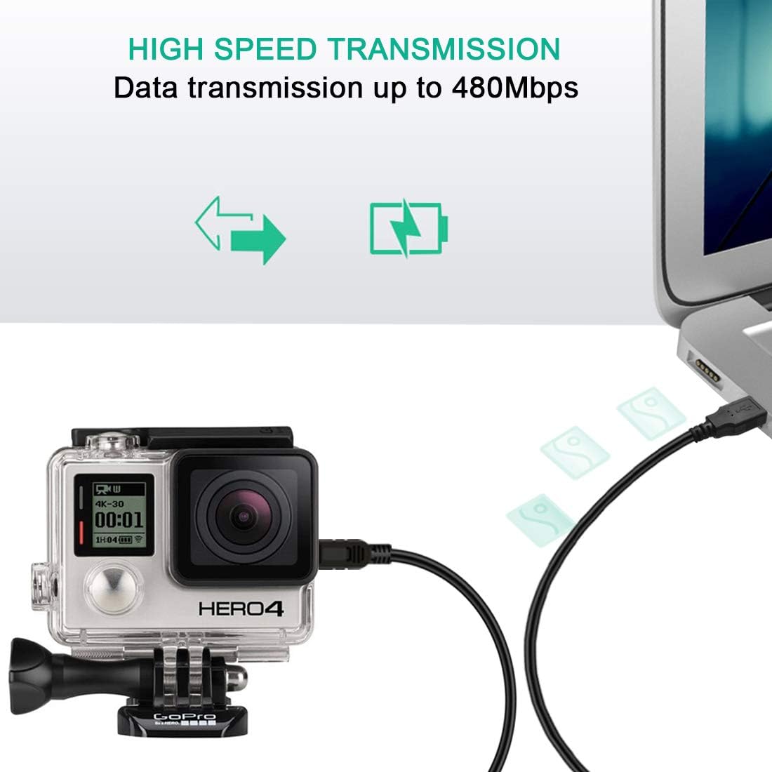 Mini-USB-Kabel für GoPro Hero 4, 3, 2, 30-90 cm (1-3 Fuß) zum Datensynchronisieren und Laden der Kamera, USB-A-auf-Mini-B-Schnellladekabel für GoPro Hero 3+ (Silber, Schwarz, Weiß)