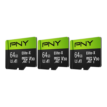 PNY 64GB Elite-X Class 10 U3 V30 microSDXC Flash Memory Card, 3 Count (Pack of 1) - 100MB/s, Class 10, U3, V30, A1, 4K UHD, Full HD, UHS-I, Micro SD