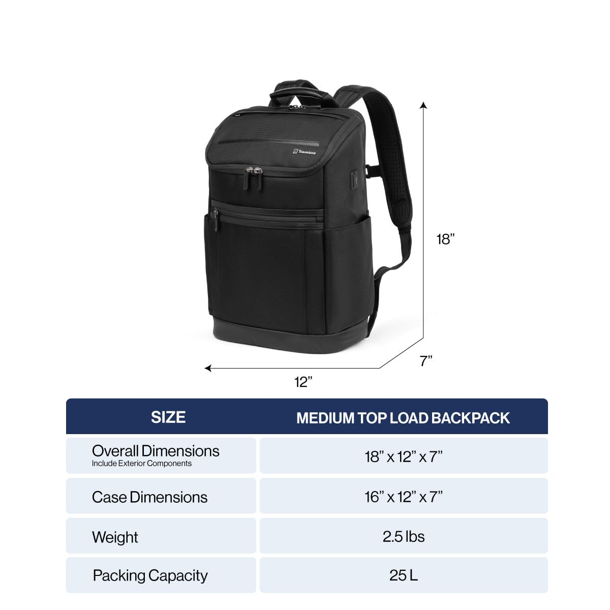 Travelpro Crew Executive Choice 3 Medium Top Load Backpack fits up to 15.6 Laptops and Tablets, USB A and C Ports, Men and Women, Jet Black