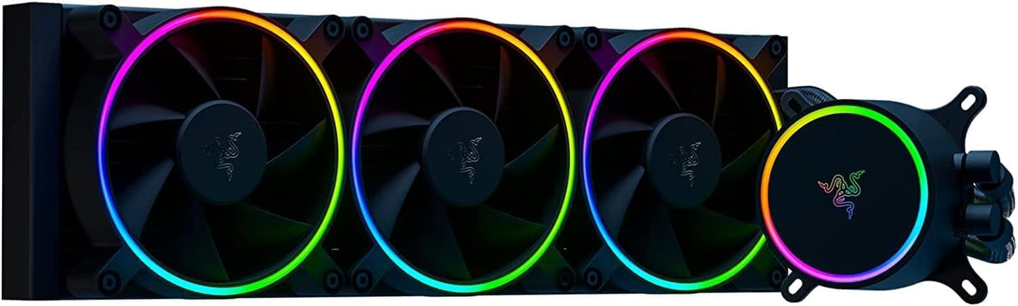Razer Hanbo Chroma RGB All-in-One-Flüssigkeitskühler mit aRGB-Pumpenkappe: AIO-Design – Leise, leistungsstarke aRGB-Lüfter – PWM-Lüftersteuerung – Kompatibel mit Intel LGA 115X-Serie, 2011, 1200, 1700 und AM5 – 360 mm