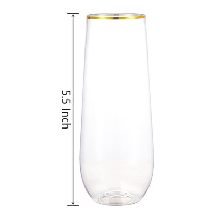 N9R 12PCS Plastic Champagne Flutes, 9 oz Stemless Disposable Gold Rim Toasting Glasses, Crystal Clear Cocktail Cups Drinkware Shatterproof Ideal for Party Wedding Birthday
