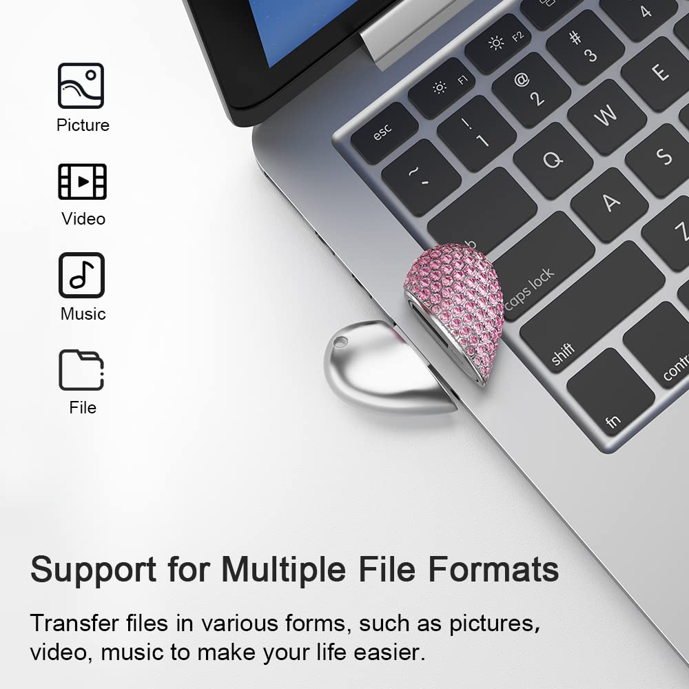 RAOYI 64GB Heart Shape USB 2.0 Flash Drive Crystal Memory Stick Thumb Drive Pen Drive Jump Drive Jewelry Pendant Necklace with Key Chain-Pink