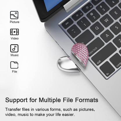 RAOYI 64GB Heart Shape USB 2.0 Flash Drive Crystal Memory Stick Thumb Drive Pen Drive Jump Drive Jewelry Pendant Necklace with Key Chain-Pink