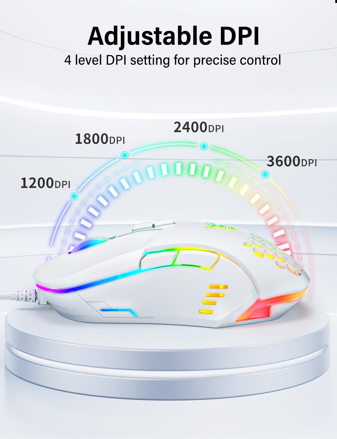 ONITOON Kabelgebundene USB-Maus, Computermaus mit RGB-Beleuchtung, 4 einstellbare DPI-Stufen, ergonomische optische Büromaus, 7 Tasten, kabelgebunden, für Windows/PC/Laptop/Desktop/Mac/Chromebook, Weiß