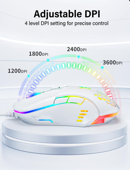 ONITOON Kabelgebundene USB-Maus, Computermaus mit RGB-Beleuchtung, 4 einstellbare DPI-Stufen, ergonomische optische Büromaus, 7 Tasten, kabelgebunden, für Windows/PC/Laptop/Desktop/Mac/Chromebook, Weiß