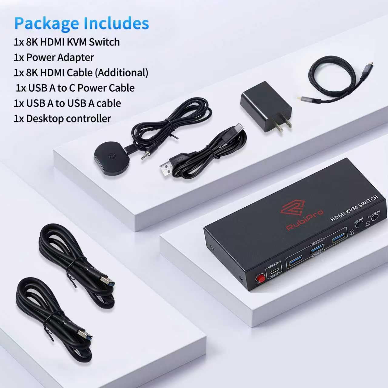 RubiPro HDMI KVM Switch 2 Monitors 2 Computers - Dual Display 8K@60Hz, 4K@120Hz, USB 3.0 Fast Data Transfer, Plug & Play for Windows/Mac/Linux with an Additional 8K HDMI Cable