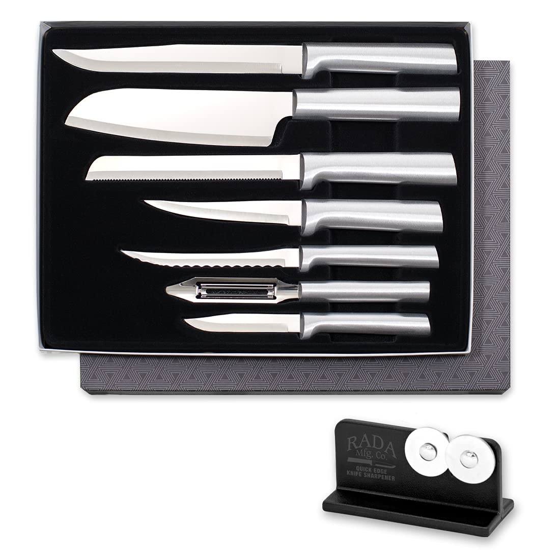 Rada Cutlery 7-teiliges Starter-Messer-Geschenkset (S38) mit Quick Edge Messerschärfer (R119), hohlgeschliffene Klingen aus Edelstahl, hergestellt in den USA, silberne Griffe