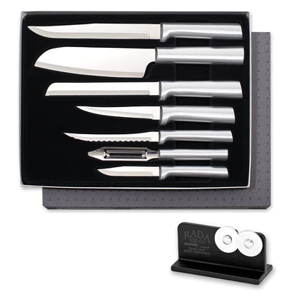 Rada Cutlery 7-teiliges Starter-Messer-Geschenkset (S38) mit Quick Edge Messerschärfer (R119), hohlgeschliffene Klingen aus Edelstahl, hergestellt in den USA, silberne Griffe