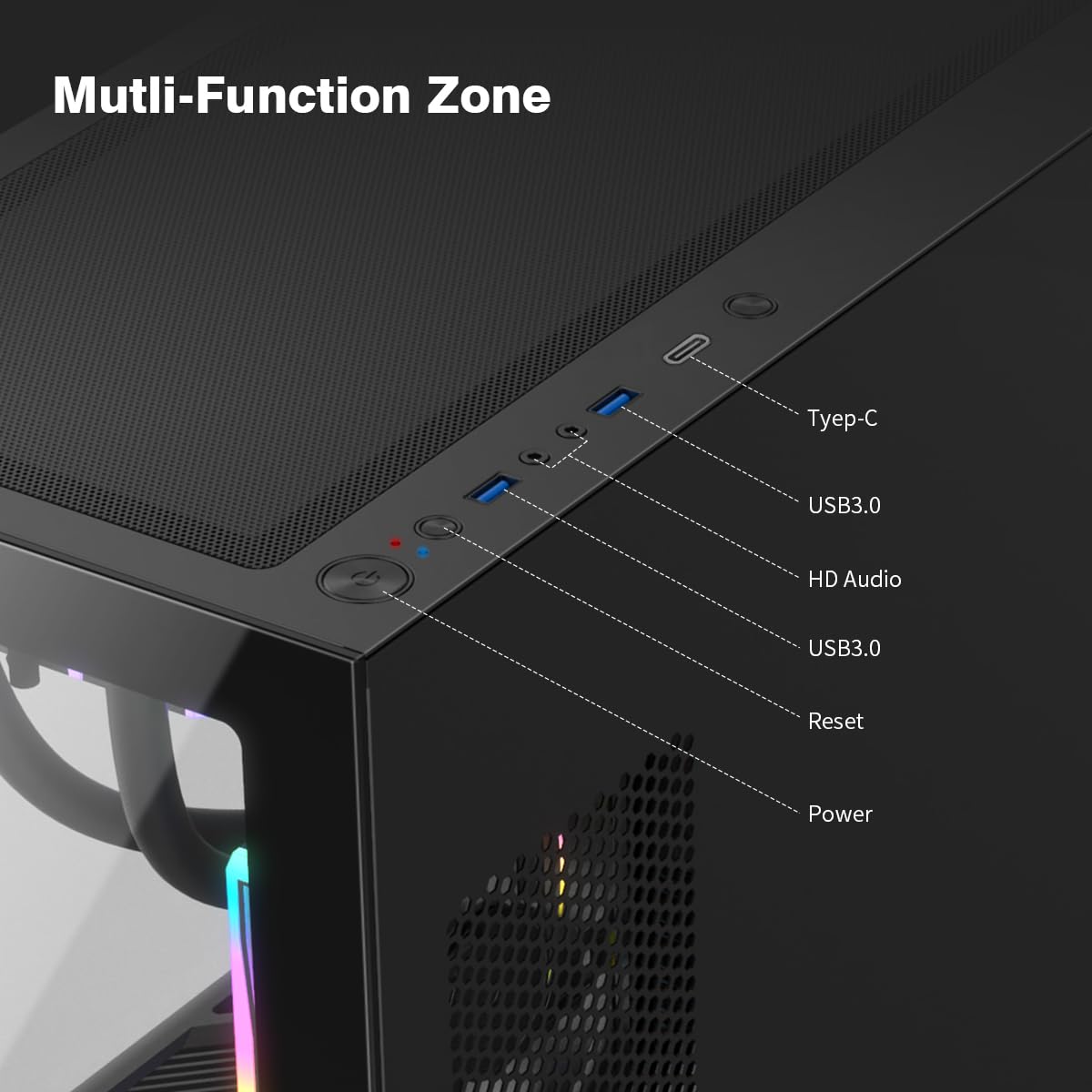 RUIX OV603 ATX Mid-Tower PC Case, Spacious High-Airflow Gaming Case with 4 x 120mm PWM ARGB Fans, USB 3.0 & Type-C Ports, Tempered Glass, Large Capacity Computer Case - Black