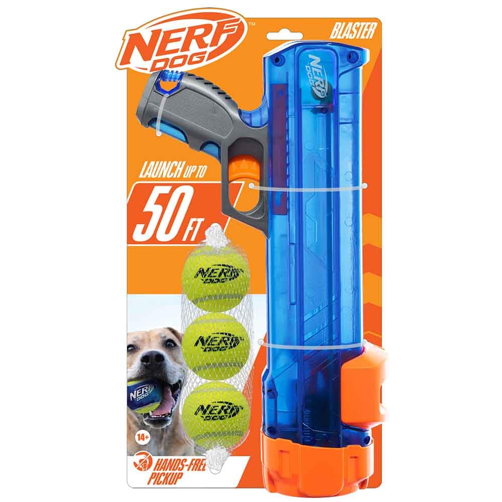 Nerf Dog Tennis Ball Blaster Dog Toy Gift Set, Tennis Ball Dog Fetch Toy Launches up to 50 ft, Dog Ball Thrower for All Breeds Includes Translucent Blue Tennis Ball Launcher and 3 Dog Tennis Balls