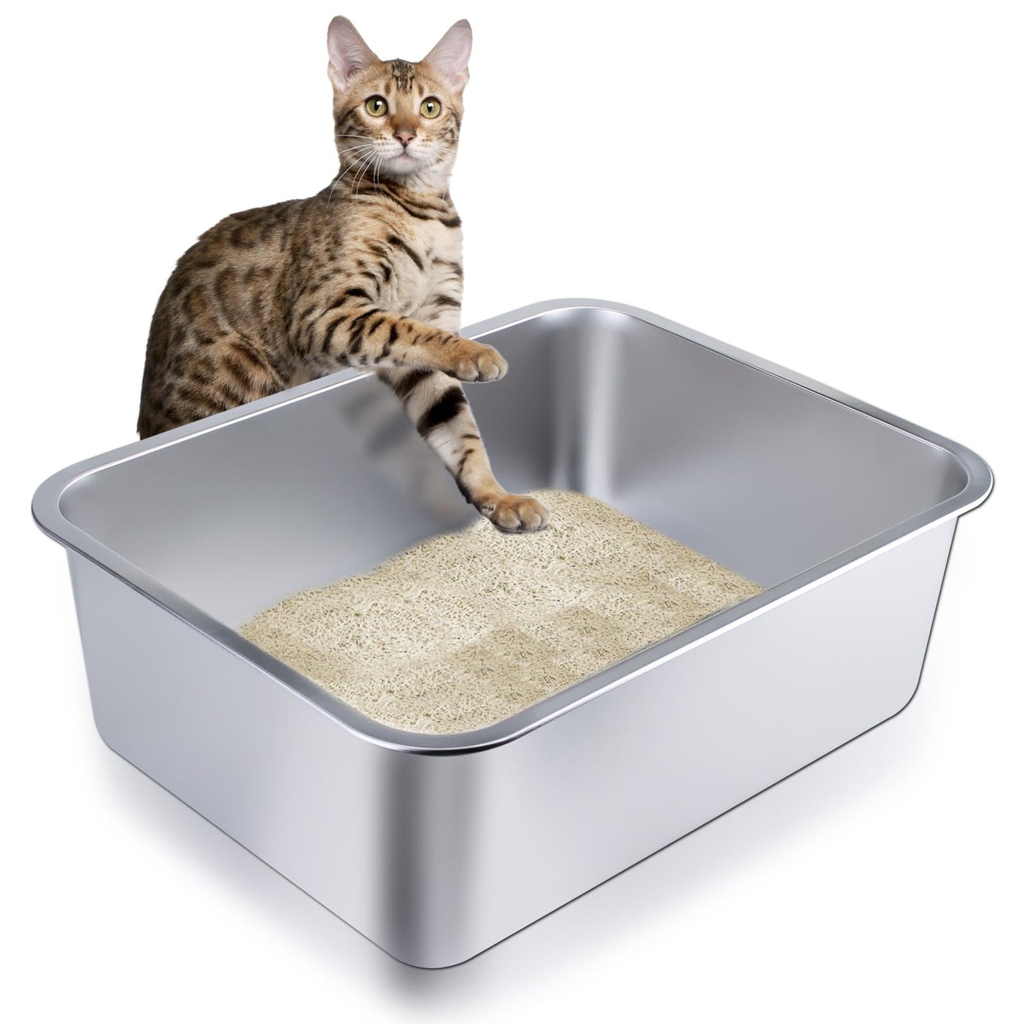 Stainless Steel Cat Litter Box - Metal High-Sided Litter Pan for Cats, Rabbits, and Pets, Non-Stick, Odor-Free, Easy to Clean, Splash-Proof, Sturdy and Durable Indoor Cat Toilet Supplies