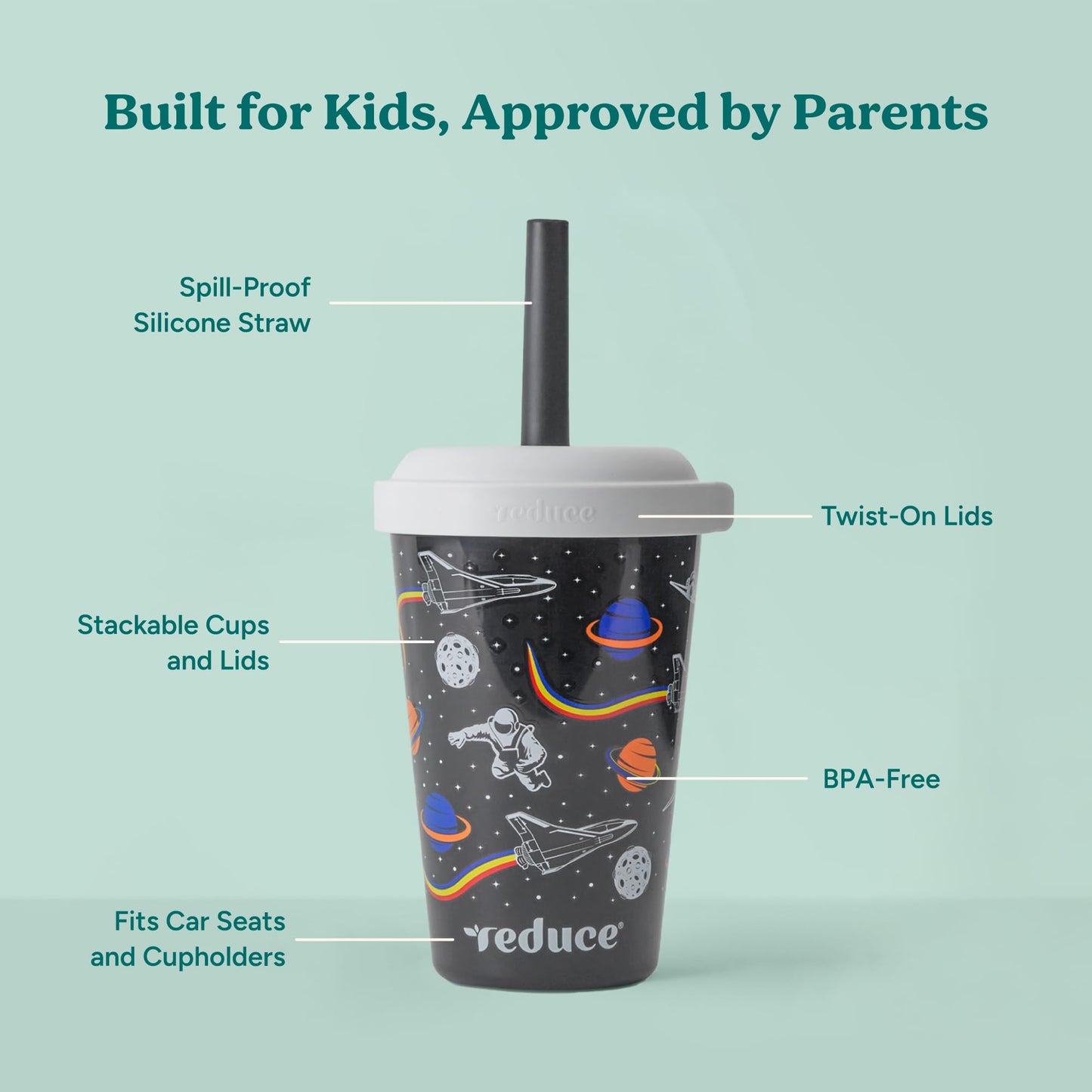 REDUCE GoGo's Kids Portable Tumbler Cups with Lids and Spill-Proof Straws - 10 Pack of Stackable 12 oz Tumblers with Twist-On Lids - Easy Storage, Dishwasher Safe - Club House
