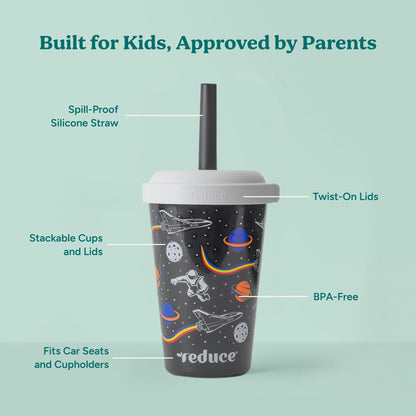 REDUCE GoGo's Kids Portable Tumbler Cups with Lids and Spill-Proof Straws - 10 Pack of Stackable 12 oz Tumblers with Twist-On Lids - Easy Storage, Dishwasher Safe - Club House
