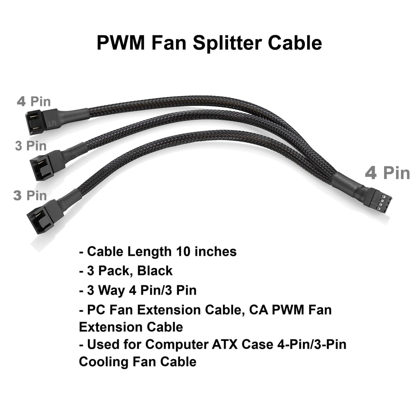 PWM-Lüfter-Splitterkabel, 25 cm, 3er-Pack, Schwarz, 3-fach 4-Pin PC-Lüfter-Verlängerungskabel, CA PWM-Lüfter-Verlängerungskabel, für Computer-ATX-Gehäuse 4-Pin/3-Pin Lüfterkabel