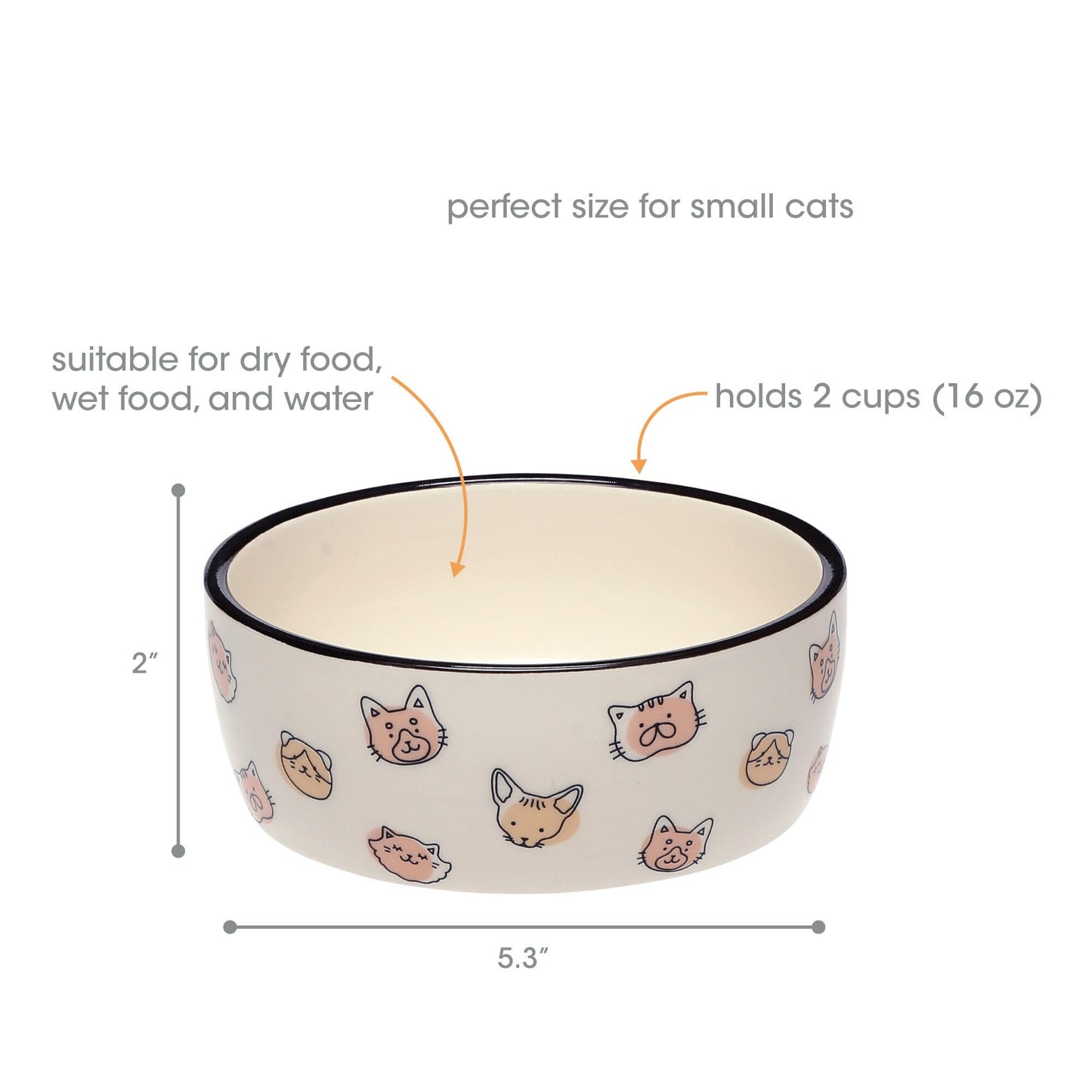 Pearhead Ceramic Bowl, Holds 2 Cups, Cute Whisker-Friendly Dish with Cat Face Design, Non-Slip, Microwave and Dishwasher Safe, Small/Medium