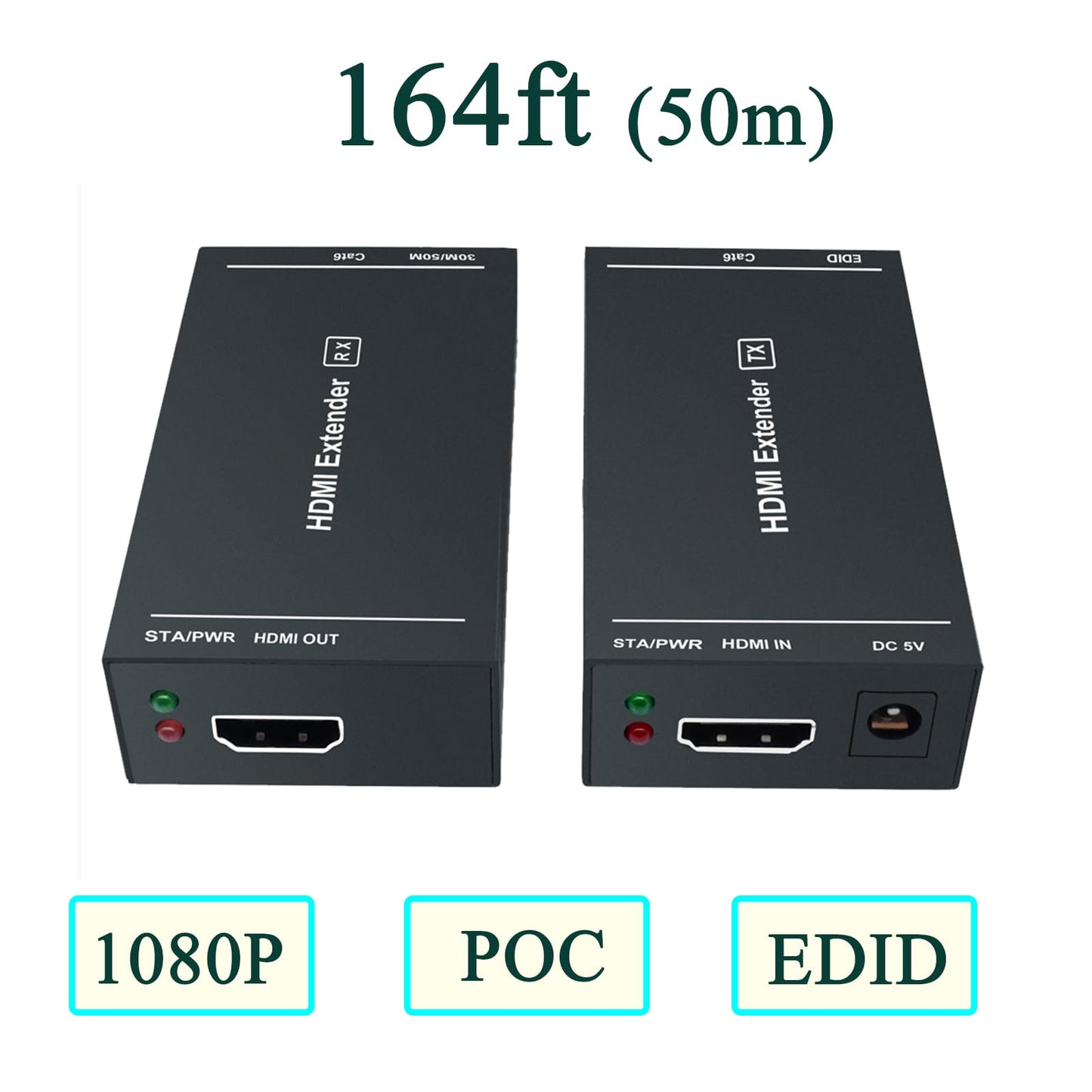 Steetek HDMI-Extender 1080p@60Hz, 3D, über ein einzelnes Cat5e/Cat6/Cat 7-Kabel, Full HD unkomprimierte Übertragung bis zu 50 m (164 Fuß), EDID- und POC-Funktion unterstützt (Sender und Empfänger)