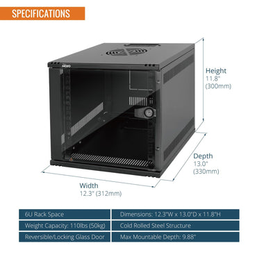 Tecmojo 6U 10 inch Rack, Wall Mount Network Cabinet Set,12.3W x 13D x 11.8H- Load Capacity 110Lbs(50 kg),Black 10" Wall Housing Server Rack Set