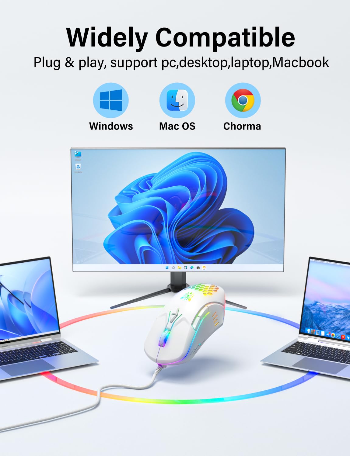 ONITOON Kabelgebundene USB-Maus, Computermaus mit RGB-Beleuchtung, 4 einstellbare DPI-Stufen, ergonomische optische Büromaus, 7 Tasten, kabelgebunden, für Windows/PC/Laptop/Desktop/Mac/Chromebook, Weiß