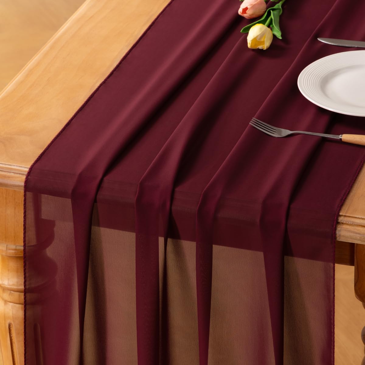Socomi Burgundy Chiffon Table Runner Fall Thanksgiving Boho Rustic 10ft 29x120 Inches Wedding Runner Sheer Bridal Shower Decorations