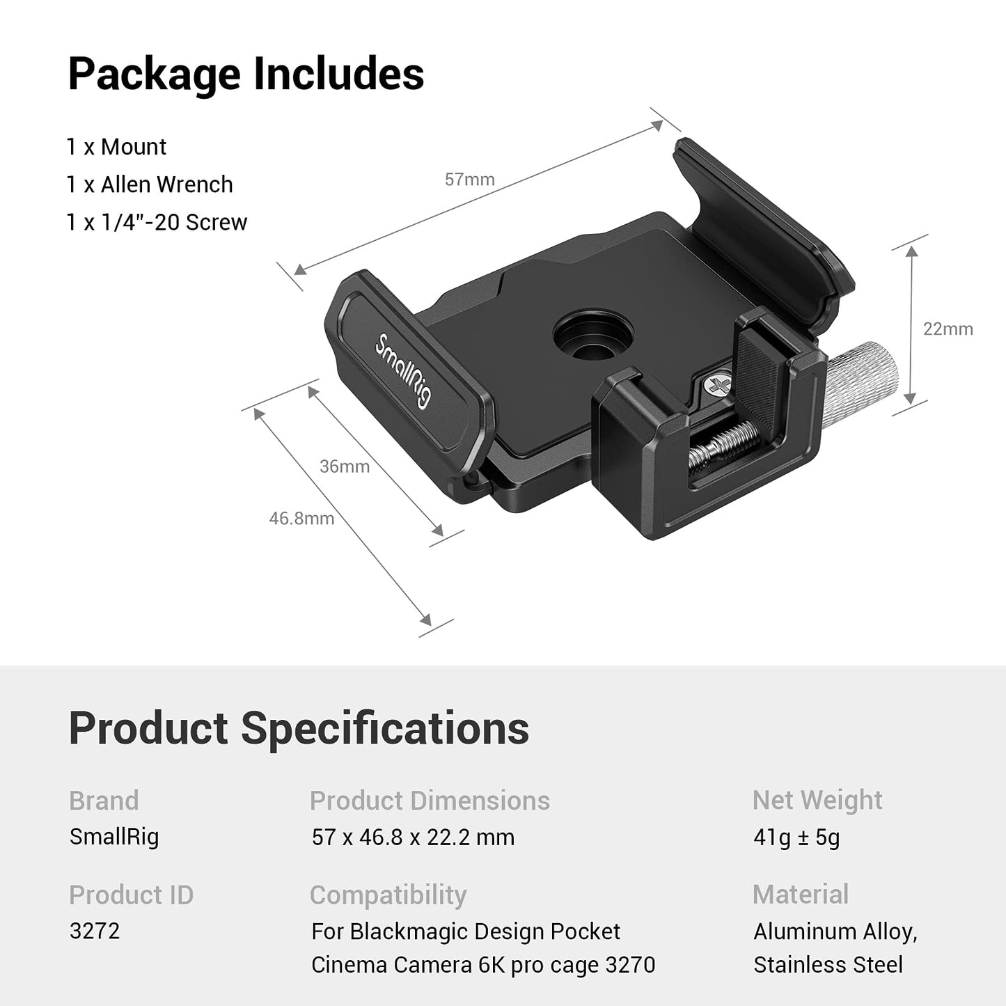 SMALLRIG SSD-Halterung für Samsung T5/T7 SSD, SanDisk SSD, SanDisk SSD T5/T7, kompatibler Käfig für BMPCC 6K Pro - 3272