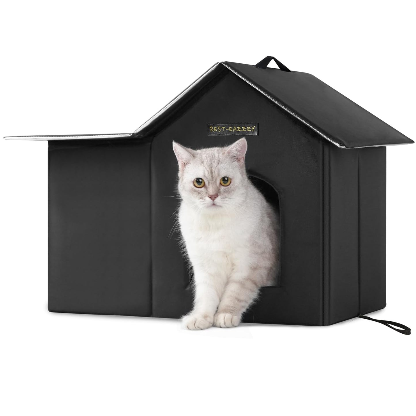 Rest-Eazzzy Outdoor Cat House, Feral Cat House Insulated with Mat and Clip, Weatherproof and Insulated, Cat Beds for Cats Kittens Puppies, Never Blow Away (Black, M 13" X 17" X 20")