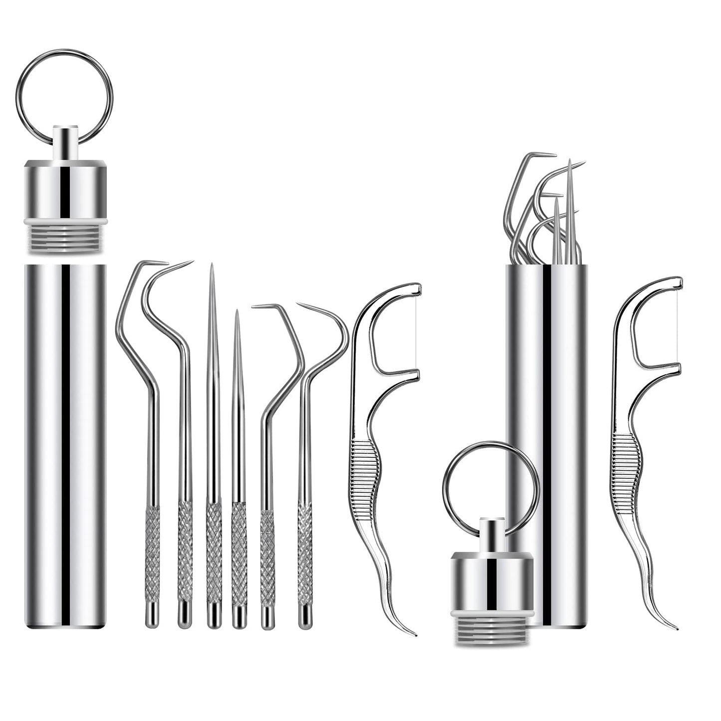 Ninelimi 7Pcs 2 Set Portable Stainless Steel Toothpicks Pocket Set, Reusable Metal Toothpicks Cleaning Kit with Holder for Outdoor Picnic Camping Traveling