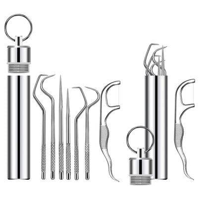 Ninelimi 7Pcs 2 Set Portable Stainless Steel Toothpicks Pocket Set, Reusable Metal Toothpicks Cleaning Kit with Holder for Outdoor Picnic Camping Traveling